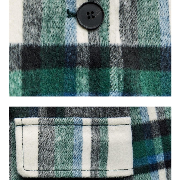 New Zara Plaid Patch Pocket Ecru/Green Shacket Jacket NWT - Picture 7 of 11